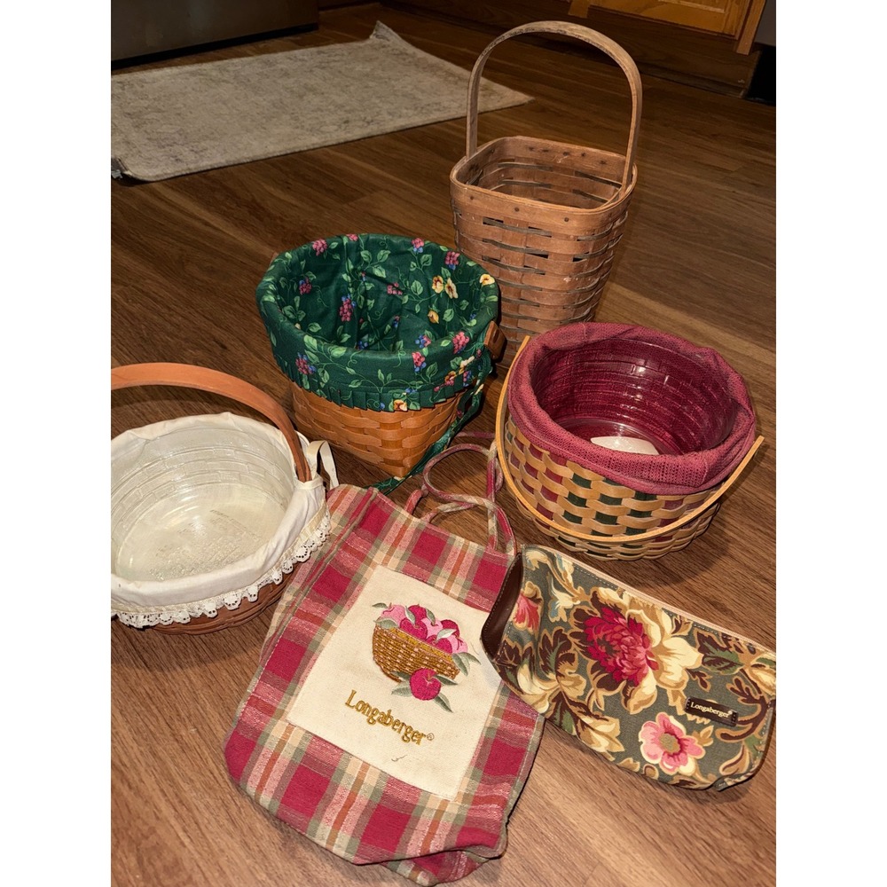 Longaberger Vintage Basket Lot 6pc Handwoven Baskets Plaid Tote Floral Pouch